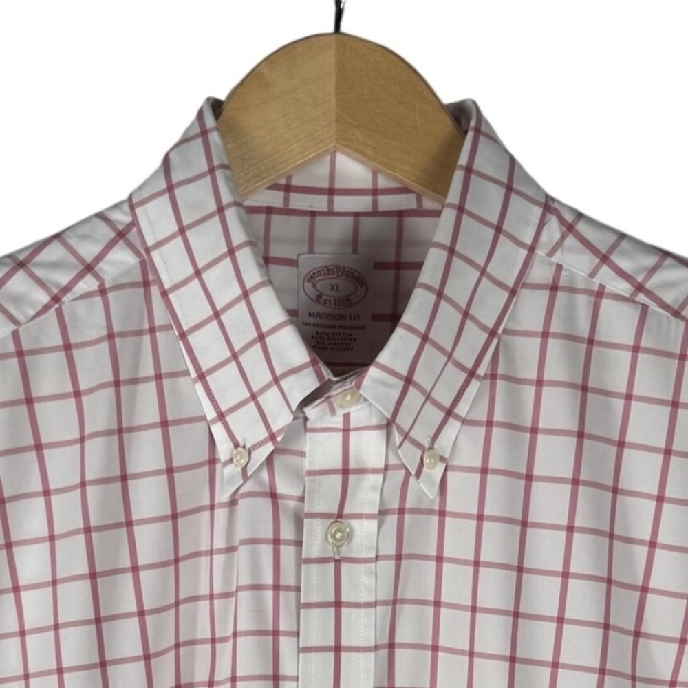Brooks Brothers Madison Fit Shirt Mens XL Windowpane Check Button Down Burgundy
